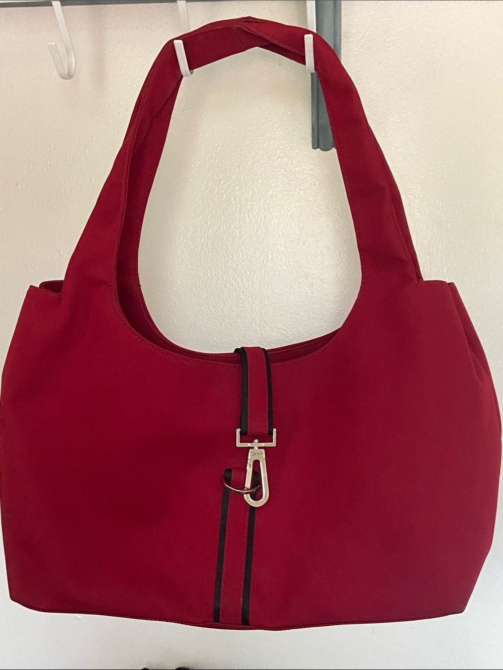 Dkny Sleek Red Shoulder Bag with Silver Hook Detail
